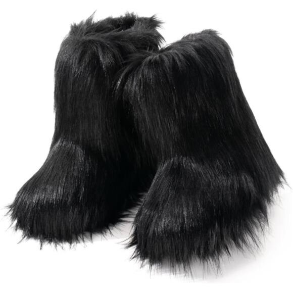 Women's Faux Fur Boot Furry Fluffy Round Toe Suede Snow Winter Women Boots Plush - Picture 3 of 6